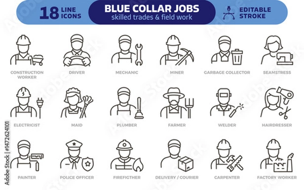 Fototapeta Blue collar jobs icon set. Thin line editable stroke icons for skilled trades, manual labor, essential workers, industry, public services, and field operations