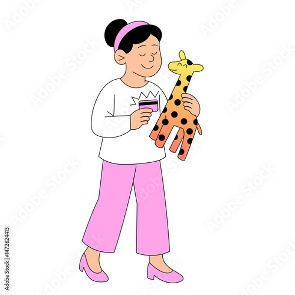 Obraz A cheerful and happy child holding a cute giraffe toy while wearing cozy pajamas and smiles