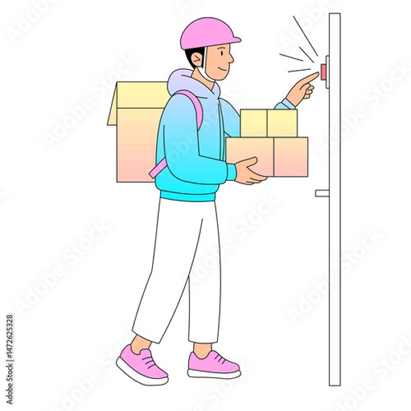 Fototapeta A delivery person rings the doorbell while holding packages ready for delivery at the home
