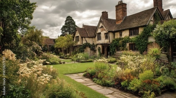 Fototapeta Scenic View of Hall's Croft Gardens in Stratford Upon Avon, England: A Tribute to Shakespeare's Legacy