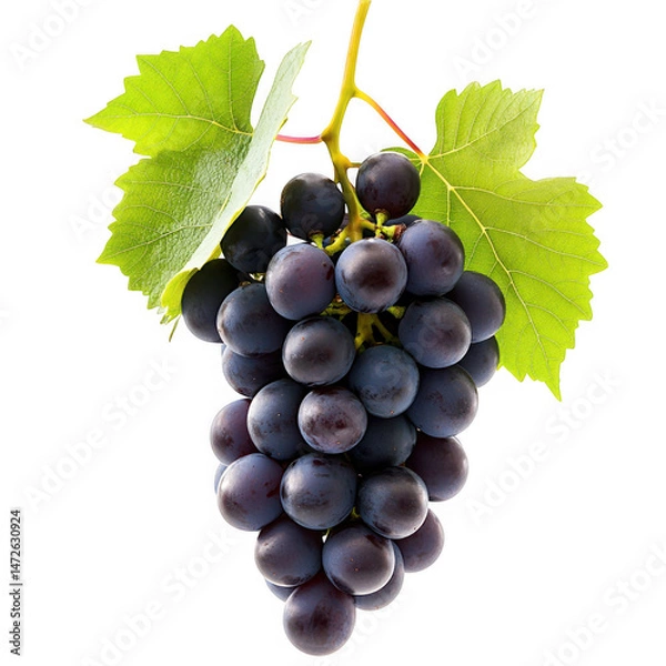 Obraz Bunch of ripe dark grapes with leaves isolated on transparent background