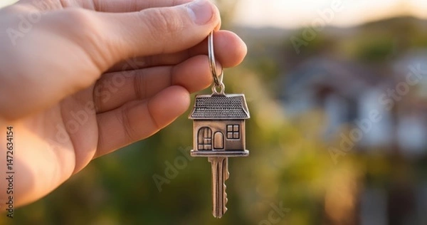 Obraz Close-up of hand holding house-shaped key against blurred background.