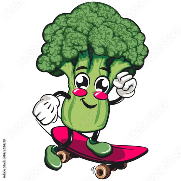 Obraz Cute broccoli vegatable vektor illustration mascot character playing skateboarding, work of hand drawn