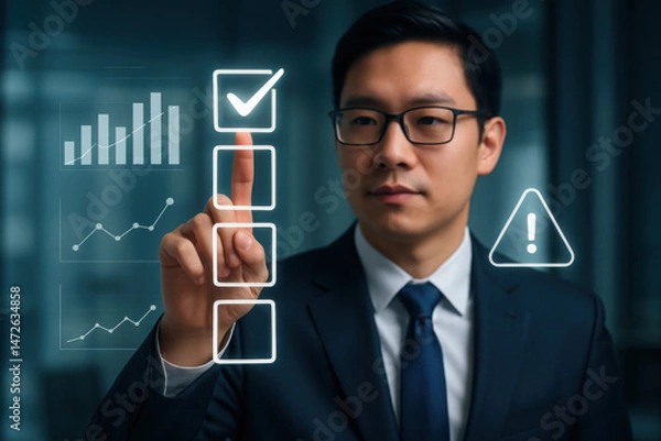 Obraz Digital to do list system displayed over man working on laptop, focusing on productivity, task management, and strategic planning for successful project execution in personal or business setting - Dig
