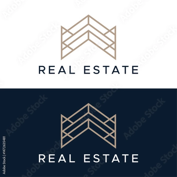 Fototapeta Real Estate Line Logo,  Minimal Home, Roof and  Building Symbol for Property Branding

