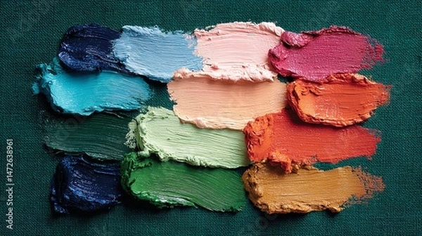 Fototapeta Top View of Colorful Paint Strokes on Dark Green Background for Abstract Art Design or Creative Banner Concept