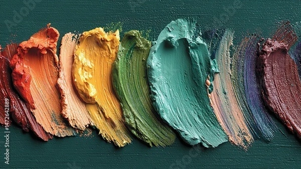 Fototapeta Top View of Colorful Paint Strokes on Dark Green Background for Abstract Art Design or Creative Banner Concept