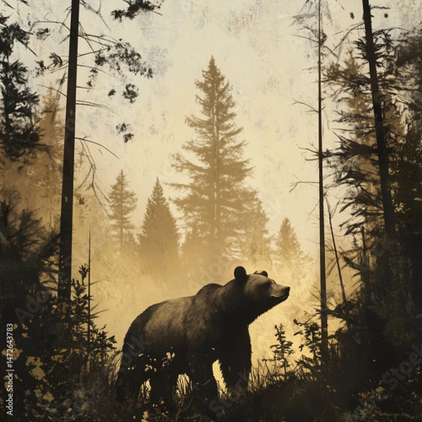 Obraz Grizzly bear standing in forest during sunset with silhouette background  
