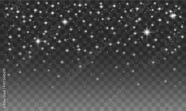 Obraz White glowing stars and sparkles on a transparent background. Shiny glittering light effect. Vector decorative element for Christmas, New Year, magic or celebration design.