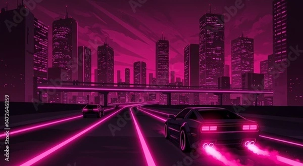 Fototapeta A vivid magenta-hued cityscape at night showcases towering, illuminated buildings and a multi-lane highway where two neon-lit cars are driving. The scene evokes a strong sense of a retro-futuristic ur