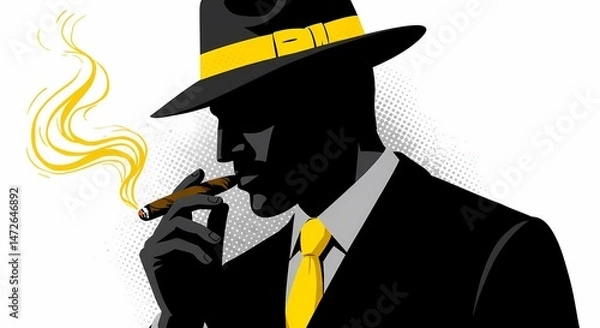 Fototapeta A dark silhouette of a man is shown in profile, smoking a cigar with bright yellow smoke. He is wearing a black hat with a yellow band and a matching yellow tie, creating a striking contrast.