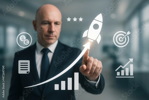 Fototapeta Business success and goal achievement steps - Digital Business Interface Concept