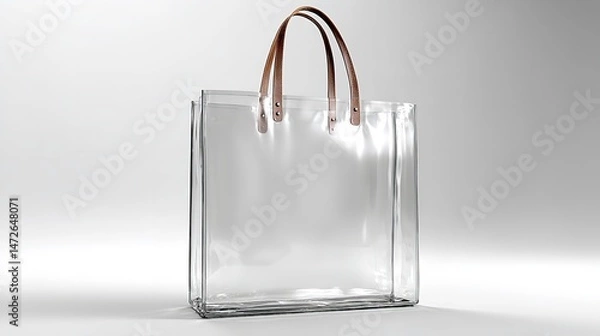 Fototapeta Transparent Plastic Tote Bag Mockup on White Background – Front View with Shadows and Highlights for Branding and Packaging Design Use