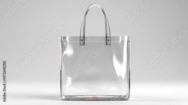 Fototapeta Transparent Plastic Tote Bag Mockup on White Background – Front View with Shadows and Highlights for Branding and Packaging Design Use