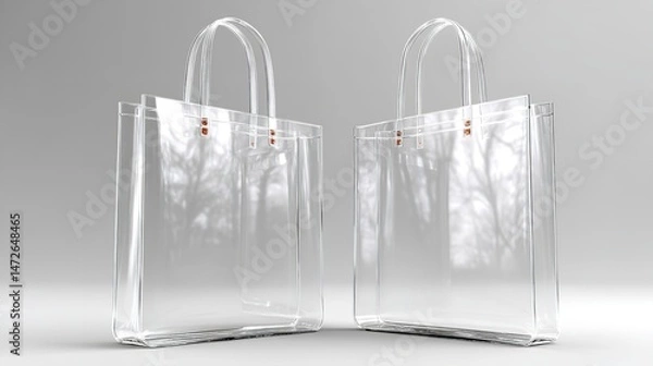 Fototapeta Transparent Plastic Tote Bag Mockup on White Background – Front View with Shadows and Highlights for Branding and Packaging Design Use