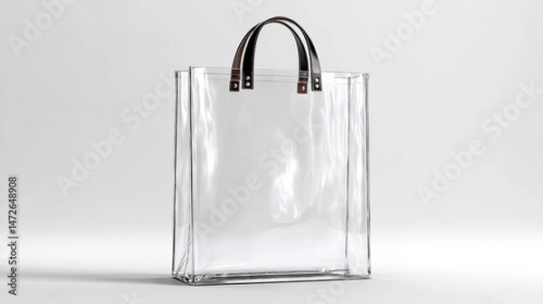 Fototapeta Transparent Plastic Tote Bag Mockup on White Background – Front View with Shadows and Highlights for Branding and Packaging Design Use