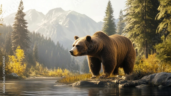Fototapeta Grizzly bear standing by the river in a mountainous forest setting  
