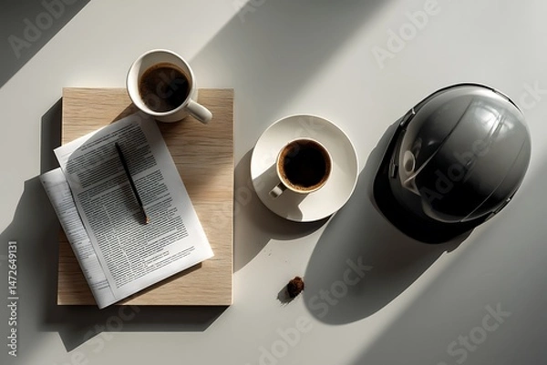 Obraz A flat lay of a work desk with coffee, newspaper, pencil, and a hardhat, bathed in morning sunlight.