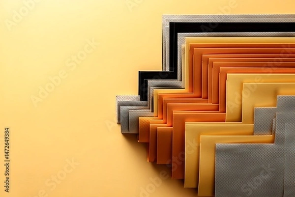 Obraz Abstract geometric composition with layered squares of yellow, orange, and grey against a minimalist yellow background.