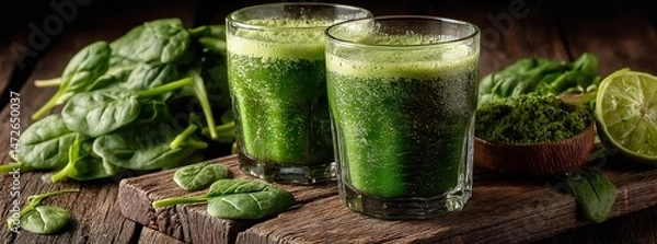 Fototapeta Two glasses of fresh green smoothie with spinach on a rustic wooden surface, perfect for promoting healthy eating and plant-based lifestyle concepts