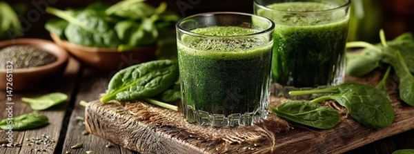 Fototapeta Two glasses of fresh green smoothie with spinach on a rustic wooden surface, perfect for promoting healthy eating and plant-based lifestyle concepts