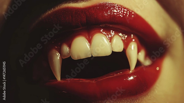 Fototapeta Close-Up of Red Lips with Vampire Fangs Showing Blood and Sharp Teeth in Dark Horror Aesthetic