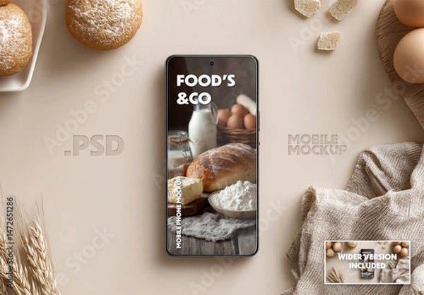 Fototapeta Mobile app design mockup with food concept. Home made baking ingredients