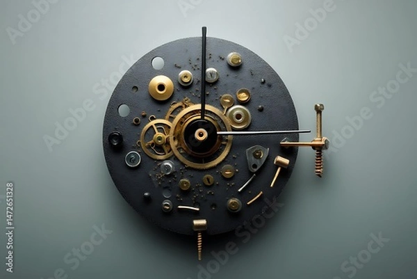 Fototapeta Intricate clock face with exposed gears and mechanisms on a muted green backdrop, a testament to time and engineering.