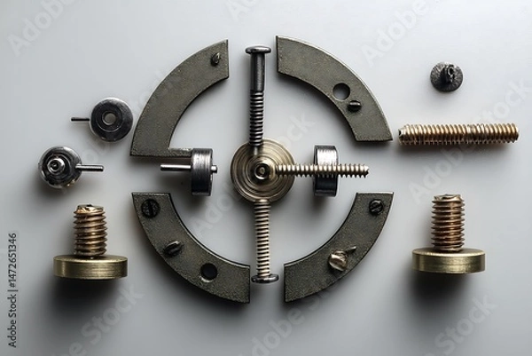 Obraz Metal screws and gears arranged in a circular pattern on a white background.