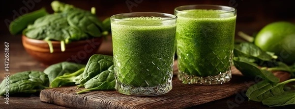 Fototapeta Two glasses of fresh green smoothie with spinach on a rustic wooden surface, perfect for promoting healthy eating and plant-based lifestyle concepts