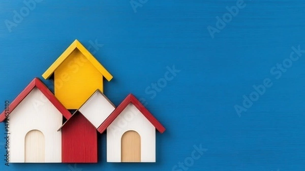 Fototapeta Yellow Miniature House Leading a Row of Smaller Homes on Blue