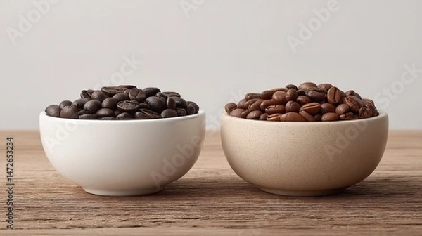 Fototapeta Two White Bowls with Coffee Beans on Wooden Table, Minimalist Front View with Copy Space for Cafe or Beverage Branding