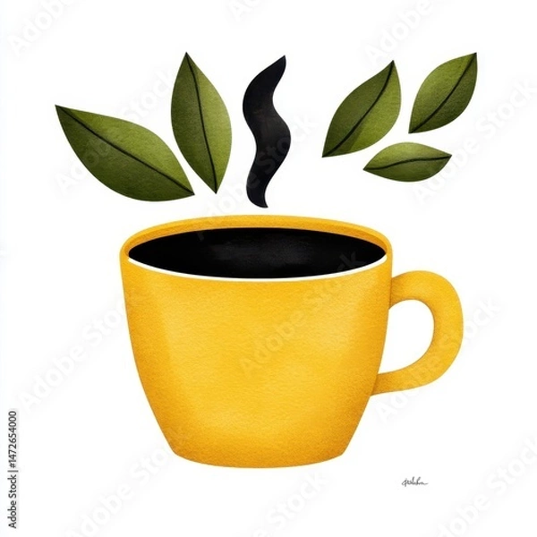 Fototapeta Yellow Mug of Coffee with Green Leaves and Steam