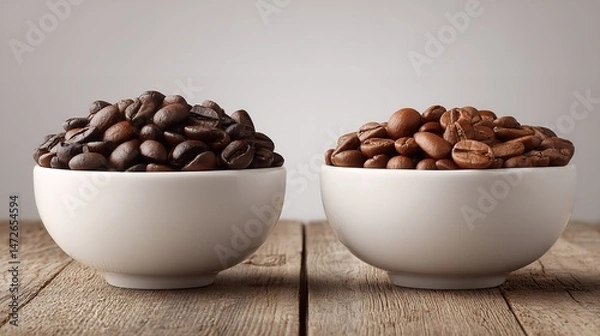 Fototapeta Two White Bowls with Coffee Beans on Wooden Table, Minimalist Front View with Copy Space for Cafe or Beverage Branding