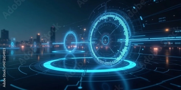 Fototapeta Blue Technology Internet Connection Metallic Waves in Gradient Mesh