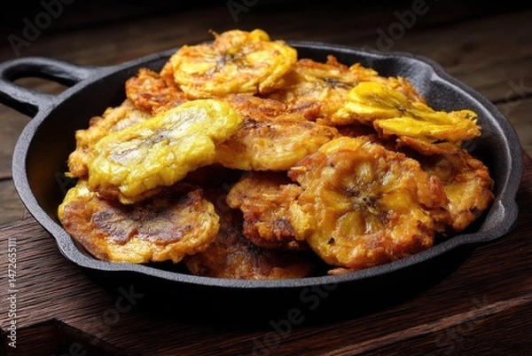 Obraz Delicious Tostones: Traditional Caribbean Snack of Twice Fried Flattened Green Plantains Served with Guacamole