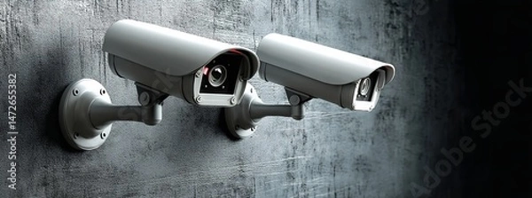 Fototapeta Two white CCTV security cameras mounted on a gray background with copy space, surveillance technology concept banner