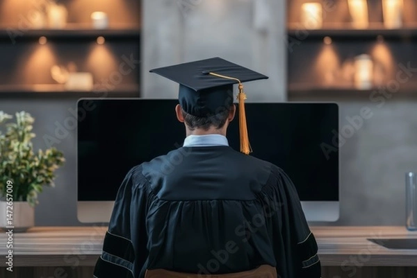 Fototapeta Graduation ceremony attendee in cap and gown celebrating online completion of degree