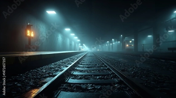 Fototapeta Underground Train Tracks Leading into Darkness – Moody Railway Scene with Dramatic Lighting and Perspective