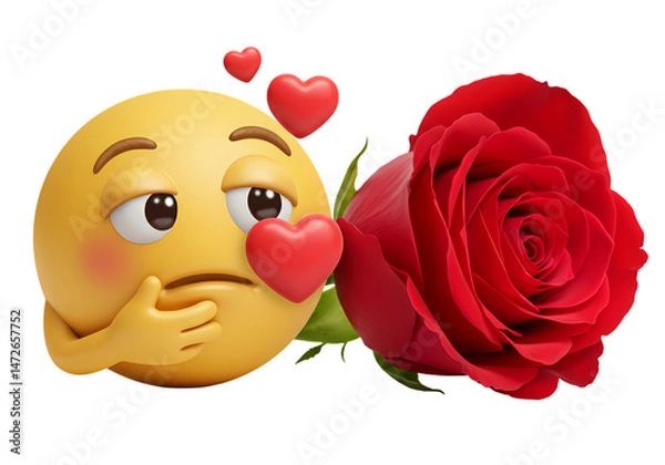 Fototapeta Cute Emoji with Red Rose Valentines Day Image isolated on transparent background