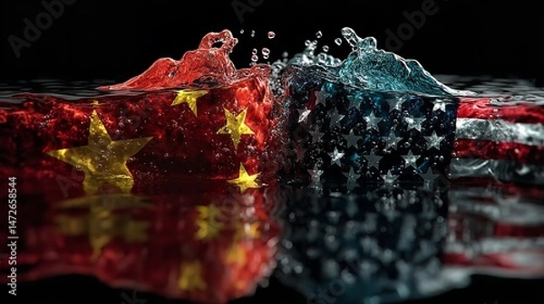 Fototapeta USA and China Flags Partially Submerged in Water with Ripples – Symbolic Diplomatic Tension in 3D Illustration