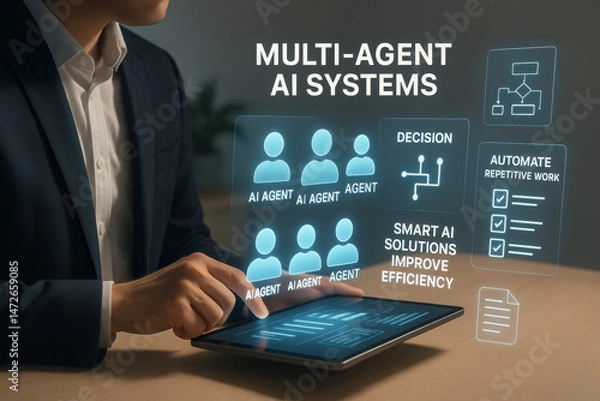 Fototapeta Multi agent AI systems, Businessman holding AI agents, AI driven solutions streamline workflows, Decision, Automate repetitive work, Automate daily Tasks Smart AI solutions improve efficiency -