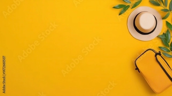 Fototapeta Yellow Summer Accessories Flat Lay on Vibrant Background