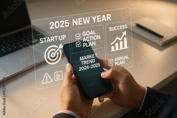 Fototapeta 2025 new year, new business start up, target, goal action plan for success growth, market trend 2024-2025, Annual plan development - Strategic Digital Workspace Scene