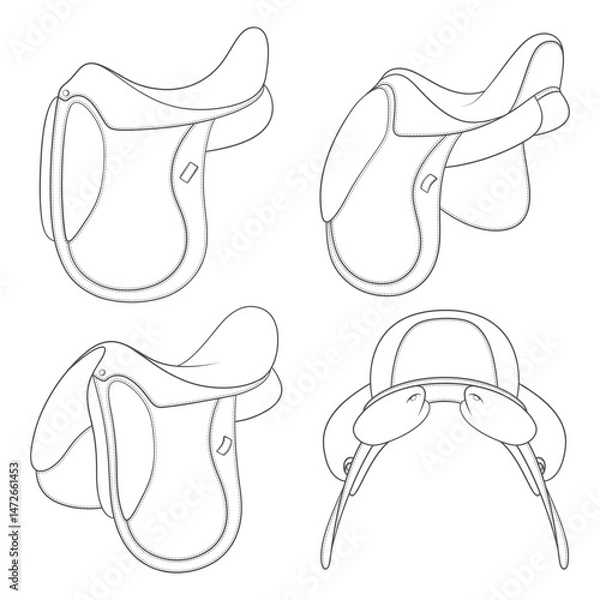 Obraz Set of black and white illustrations with horse saddle. Isolated vector objects on white background.