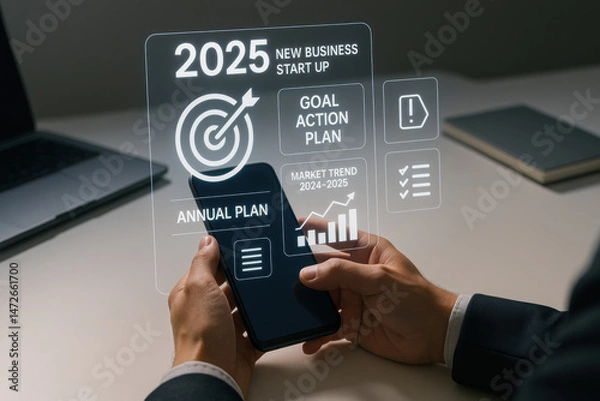 Fototapeta 2025 new year, new business start up, target, goal action plan for success growth, market trend 2024-2025, Annual plan development - Strategic Digital Workspace Scene