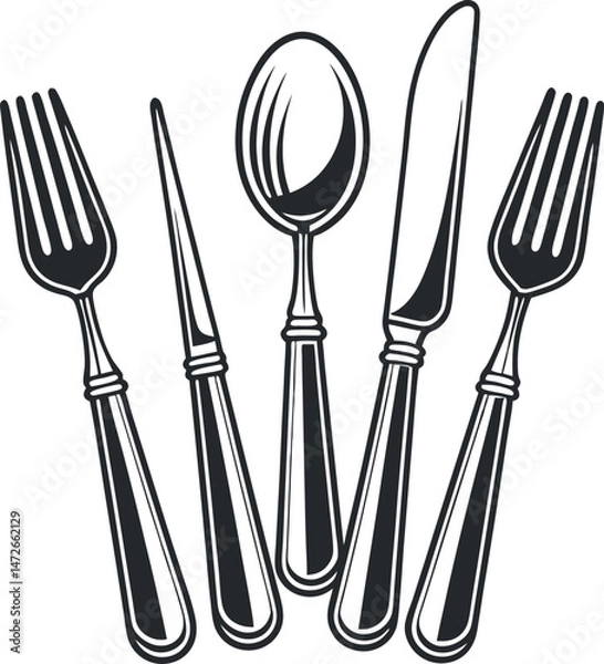 Obraz Silhouette of cutlery in minimalist black and white design for kitchen and dining icons 