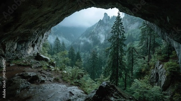 Fototapeta View from Ancient Cave Entrance Overlooking Misty Mountain Covered in Dense Forest under a Cloudy Sky
