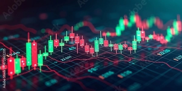 Fototapeta Stock Chart, Global economy under pressure in 2025 with chains and glowing “TARIFFS”
