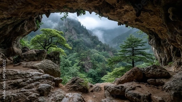Fototapeta View from Ancient Cave Entrance Overlooking Misty Mountain Covered in Dense Forest under a Cloudy Sky
